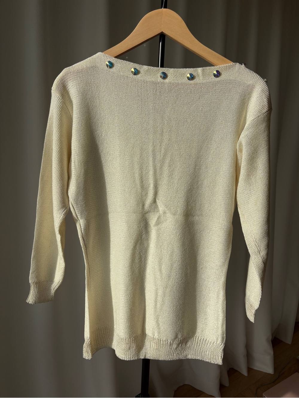 Ivory Shimmer Knit Boat Neck Sweater Crystal Shoulder Detail